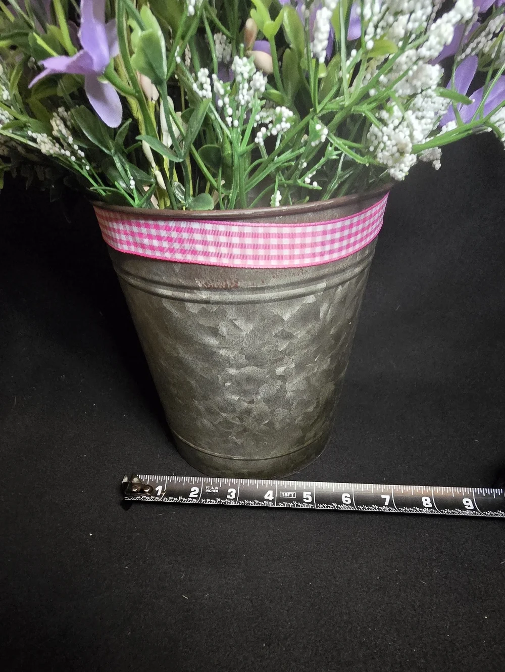 Rustic Galvanized Planter with Pink Gingham Trim and Purple Faux Florals